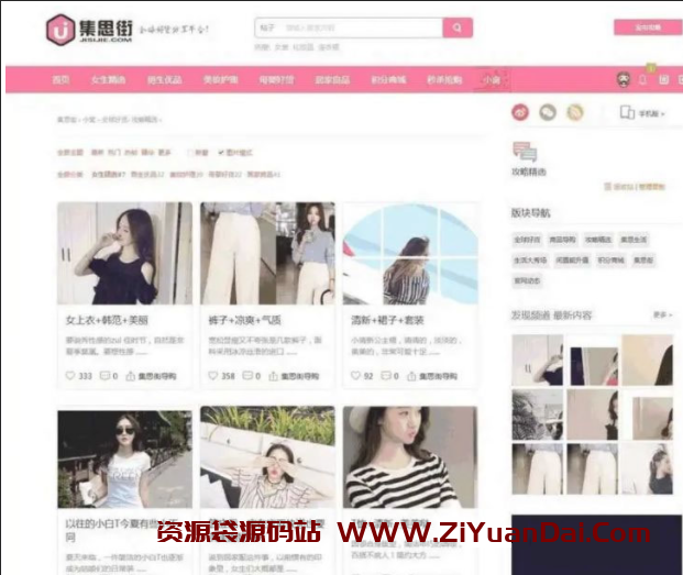 DiscuzX大气唯美粉红色集思街淘宝客网站模板-资源袋源码分享站